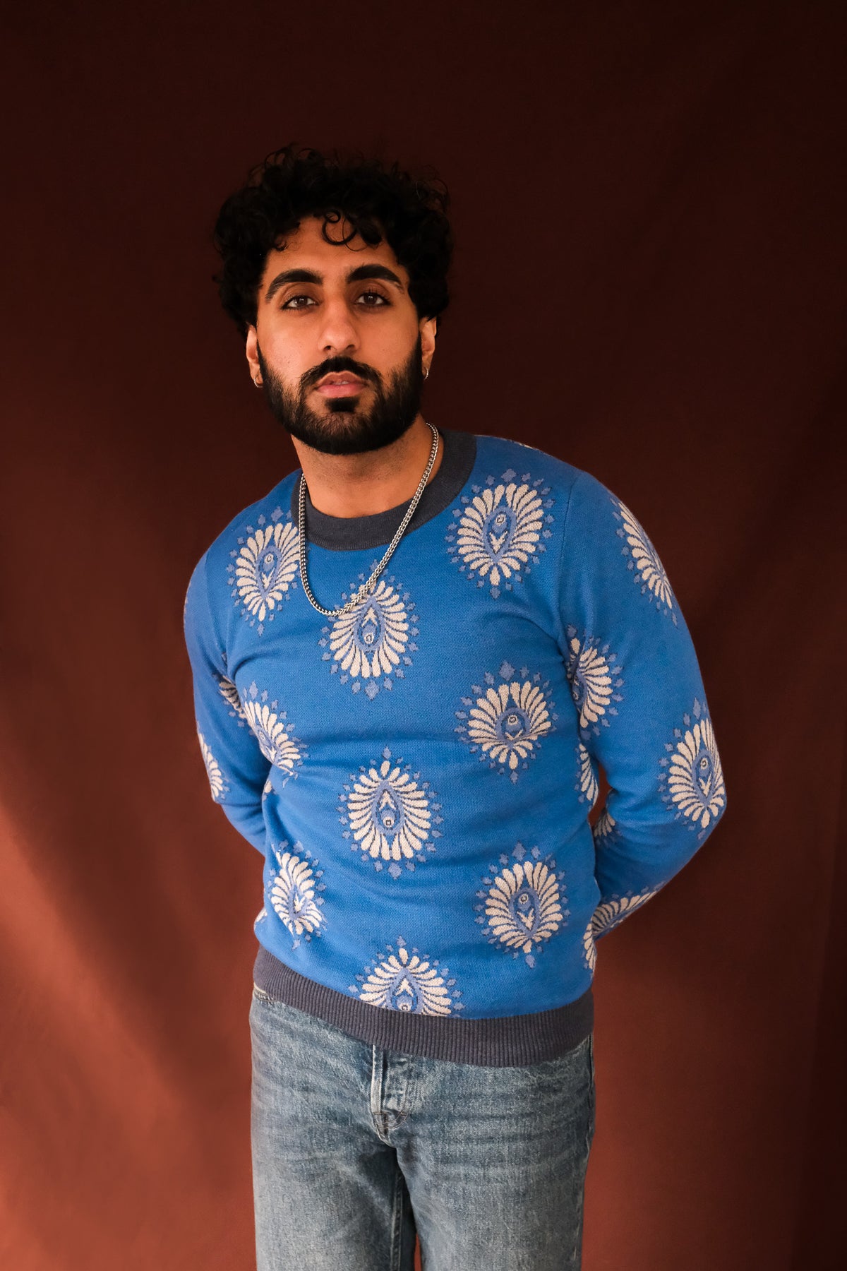 Blue Leaf Knitted Crewneck Sweater