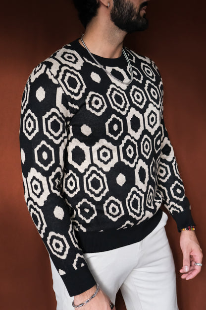 Black Mosiac Digitally Knitted Crewneck