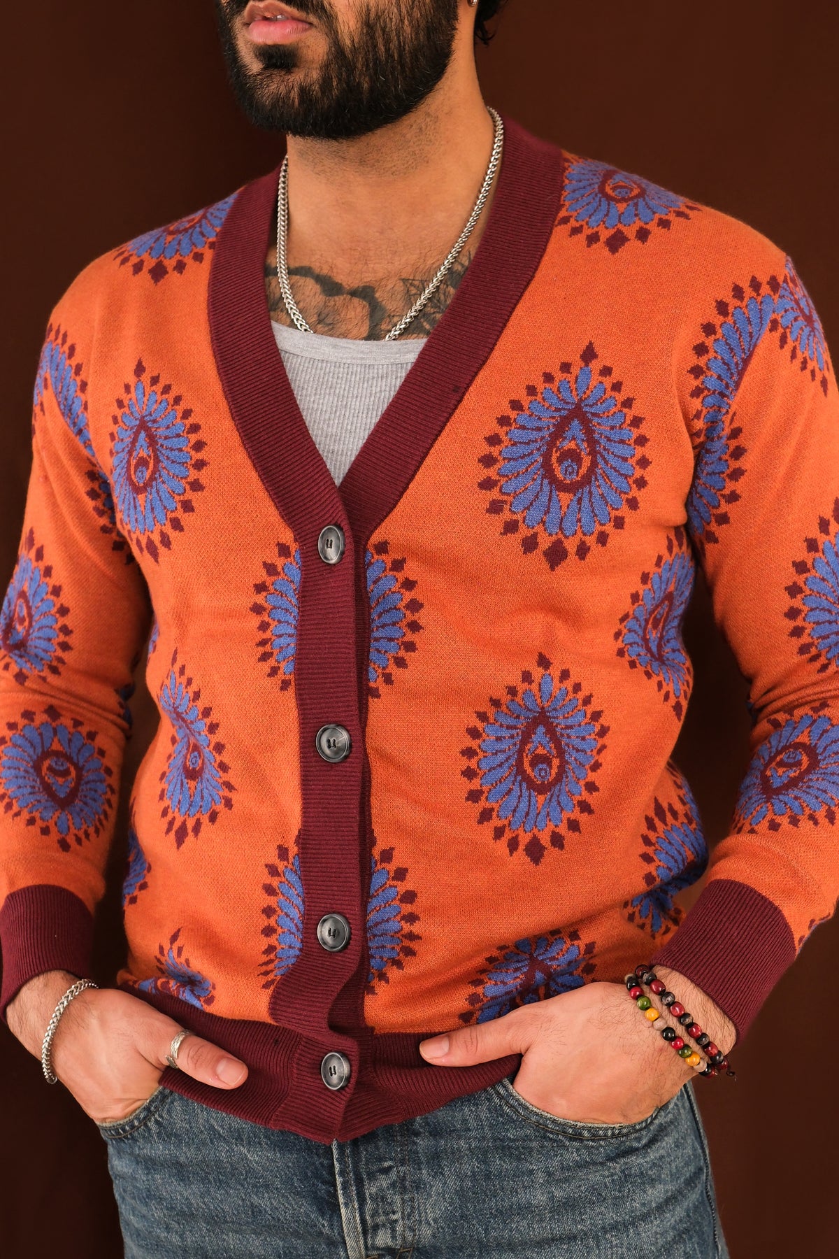 Rust Orange Cardigan- Navaratna Collection