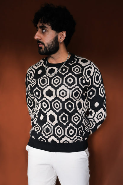 Black Mosiac Digitally Knitted Crewneck