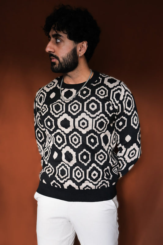 Black Mosiac Digitally Knitted Crewneck