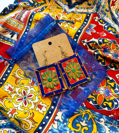 Blue Embroidered Earrings